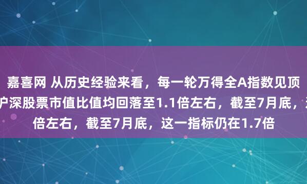 嘉喜网 从历史经验来看，每一轮万得全A指数见顶，对应居民存款与沪深股票市值比值均回落至1.1倍左右，截至7月底，这一指标仍在1.7倍